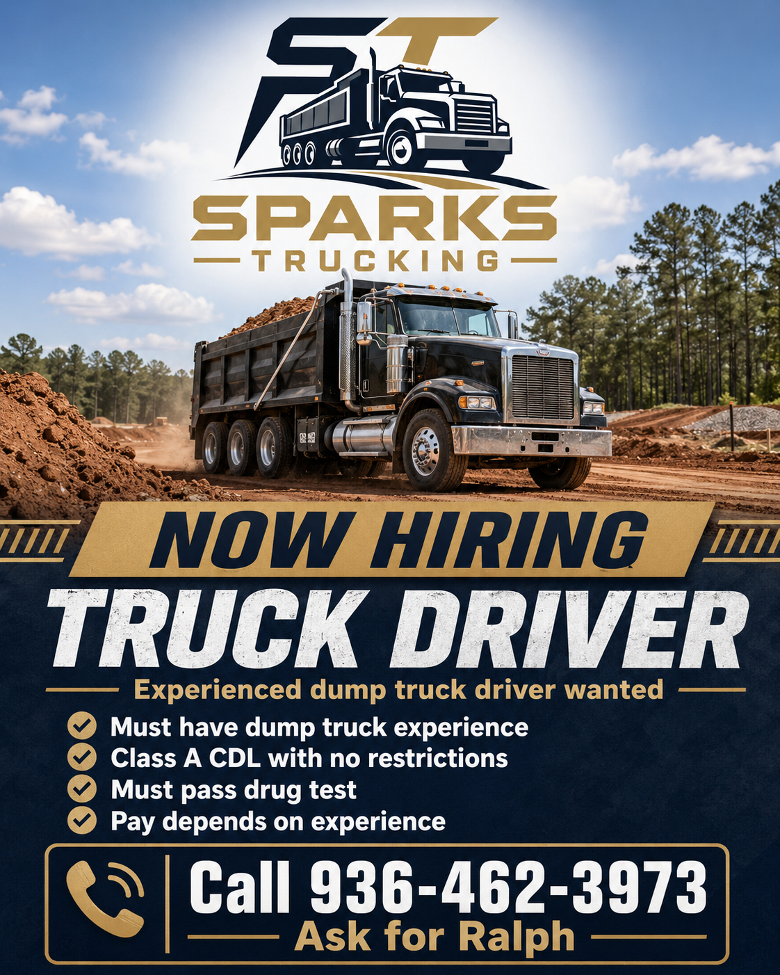 Sparks Trucking Now Hiring Truck Driver - Call 936-462-3973 Ask for Ralph